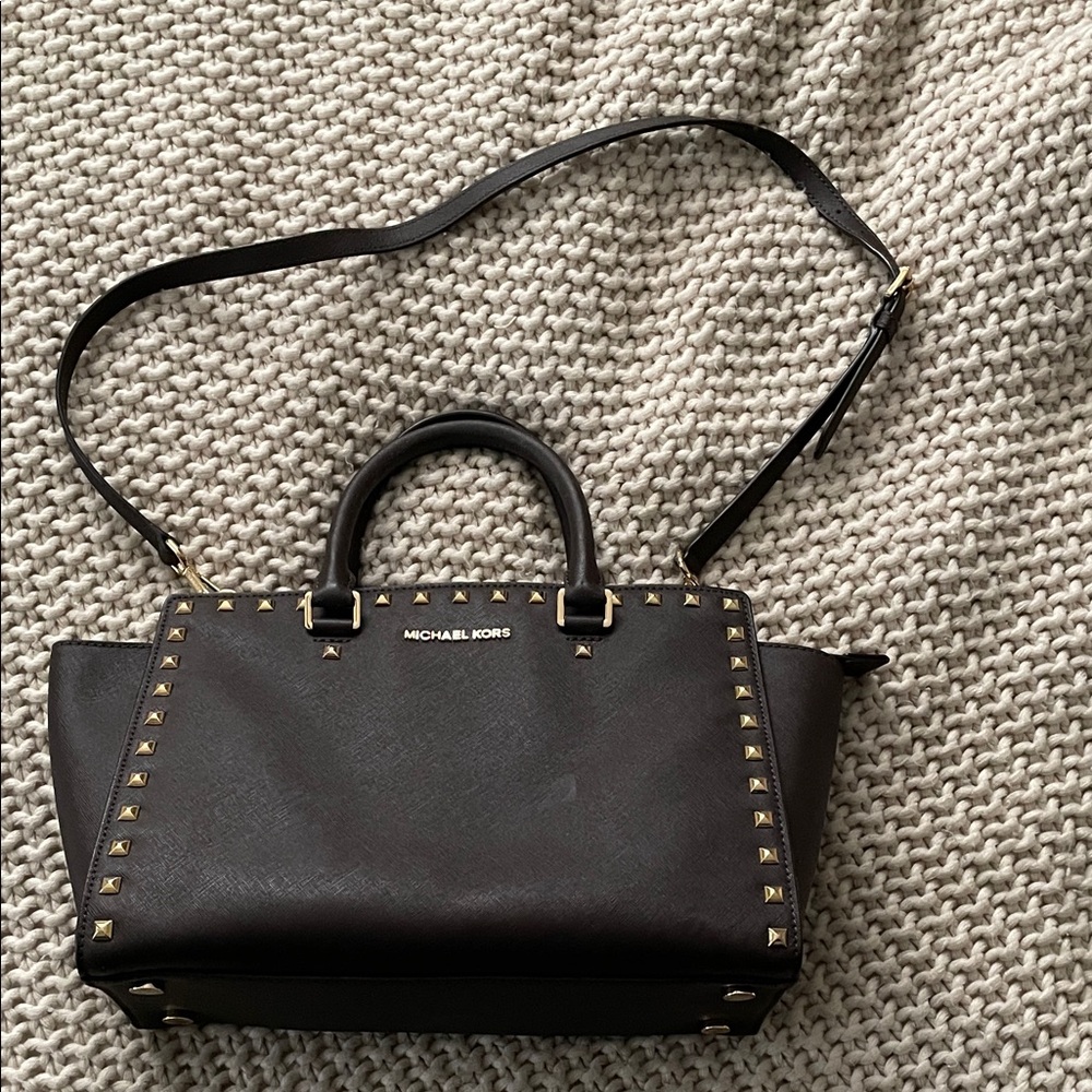 Michael Kors Dark Brown Coated Saffiano Leather Satchel with Gold Stud Accents